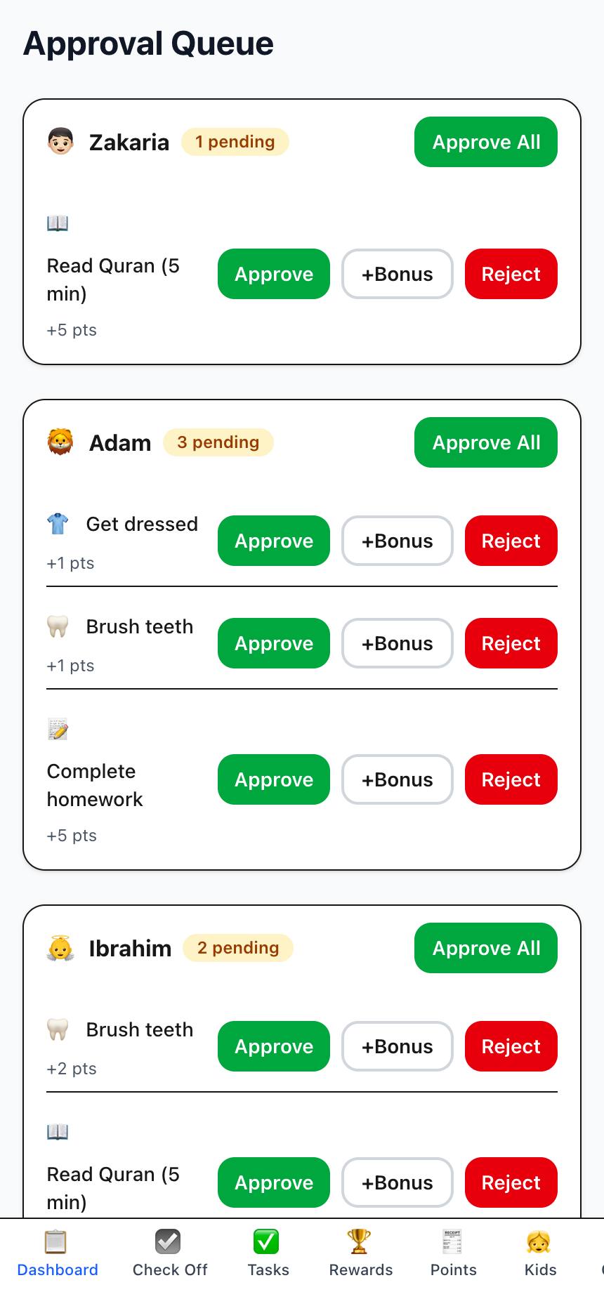 Parent approving tasks on a phone