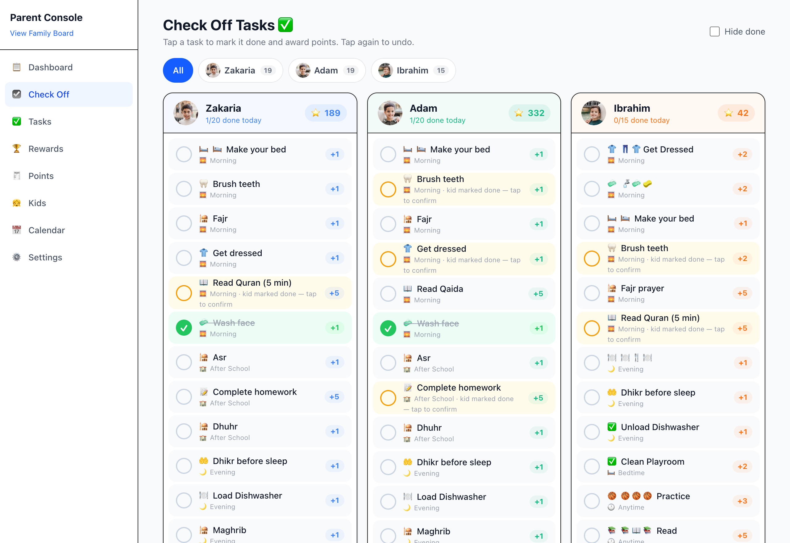 Parent check-off screen