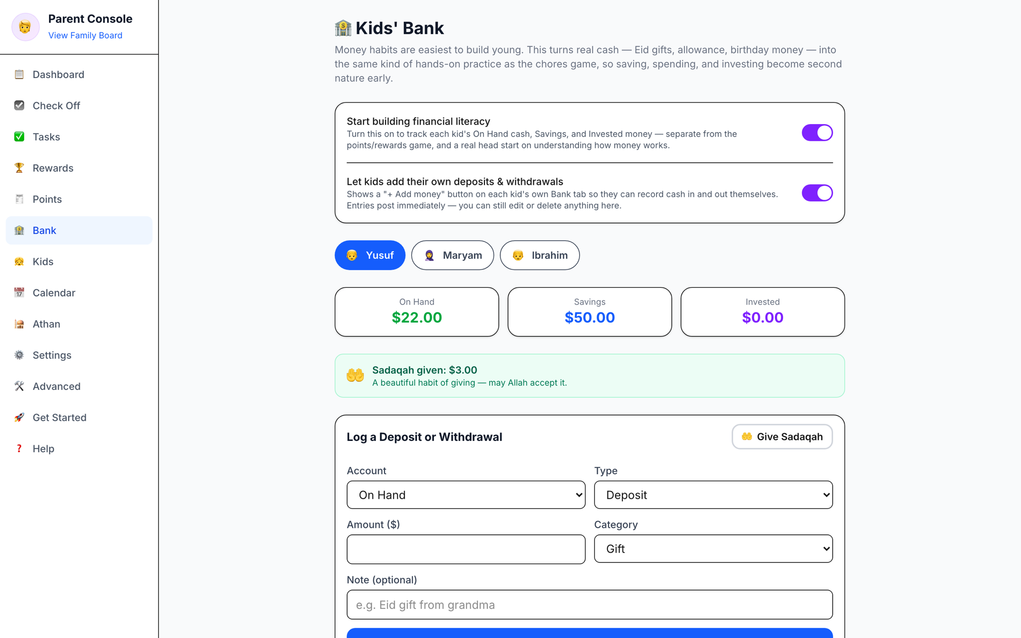 Kids' Bank showing On Hand, Savings and Invested balances plus a running Sadaqah-given total
